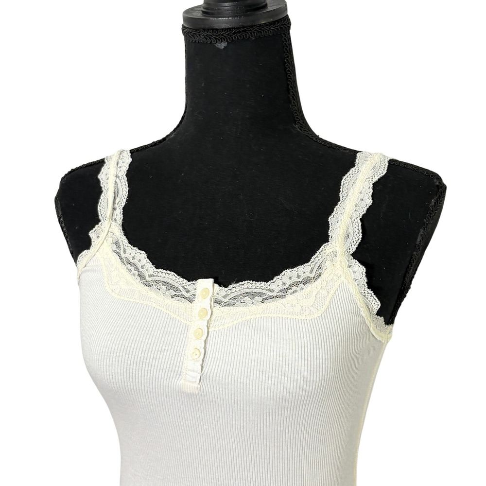 Abercrombie & Fitch Y2K Lace Trim Henley Ribbed Cami Top XXS Coquette Bella Tank - Picture 3 of 9